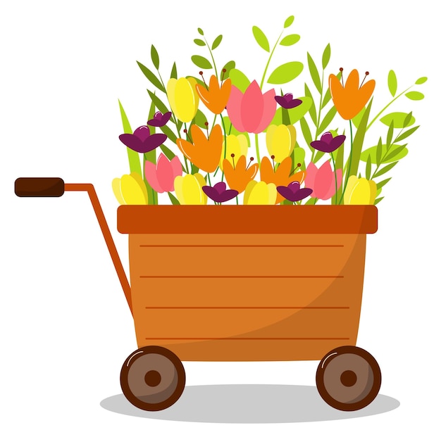 Vector a wooden cart filled with flowers vector