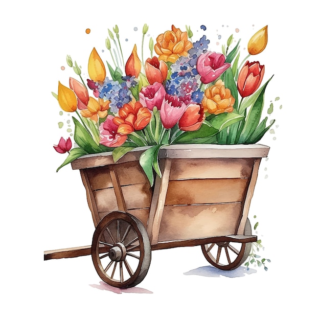 Wooden cart full of flowers watercolor paint