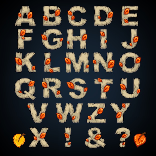 Vector wooden cartoon typeface on dark for your mobile game