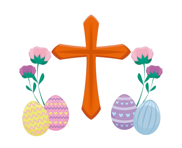 Wooden catholic cross with eggs of easter and flowers