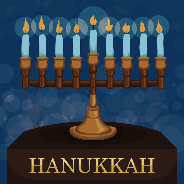 Vector wooden chanukiah on table with fine carved hanukkah message with blue background and bokeh