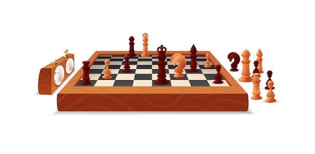 Wooden chess game pieces and figures on chess board.