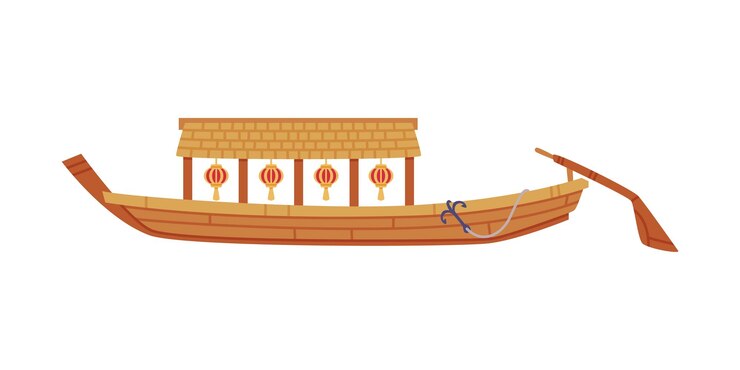 Vector wooden chinese rowboat as watercraft or swimming water vessel vector illustration