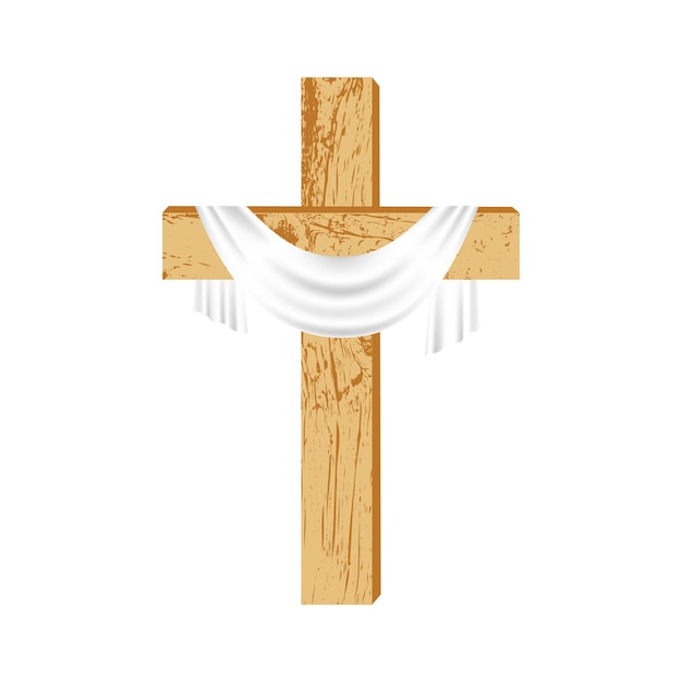 木製のキリスト教の十字架。白い背景に白いシュラウド、布を使用した木製のシンプルなクロス。
