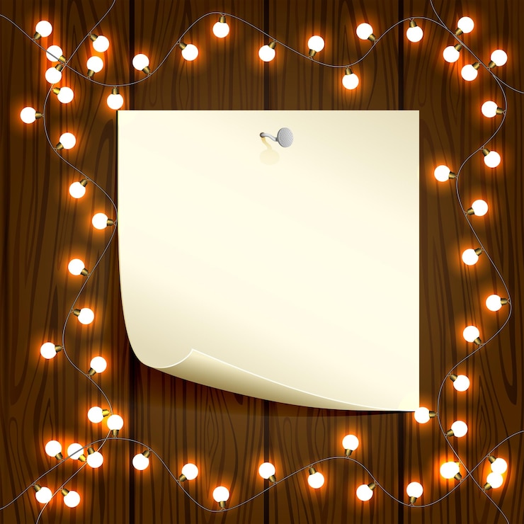 वेक्टर wooden christmas background with lights and paper