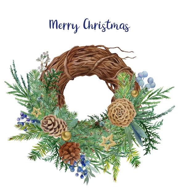 Wooden Christmas wreath with lush spruce decoration cones and berries hand drawn watercolor art