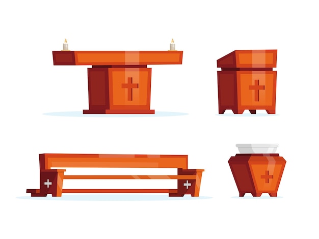 Wooden church furniture set Altar pew lectern and baptismal font