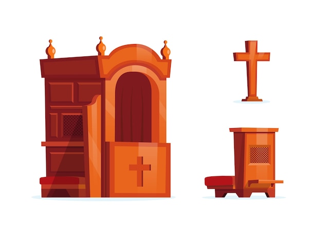 Vector wooden church furniture set confessional cross and kneeler