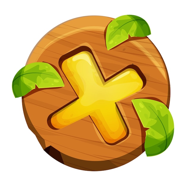 Wooden close button game interface, menu element, cross shape with jungle leaves in cartoon