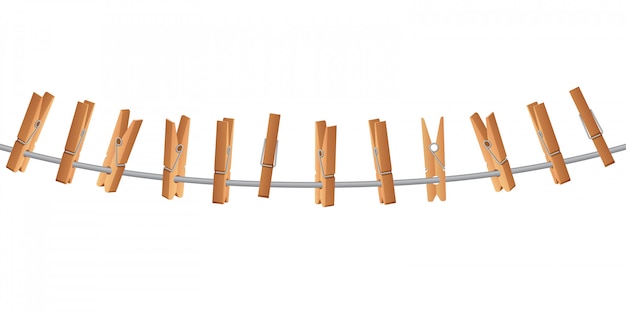 Wooden clothespin on clothes line holding rope vector illustration isolated