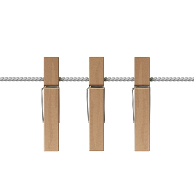 Wooden clothespins pegs rope side view isolated