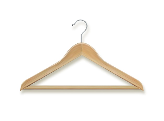 Wooden coat hanger clothes hanger Realistic vector clothes coat wooden hanger close up isolated on background Design template clipart or mockup for graphics Vector