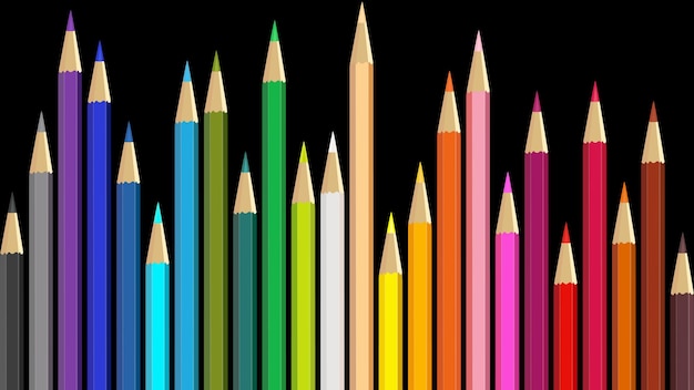 Vector wooden color pencils arranged in bulk on a white isolated background drawing colors multicolors