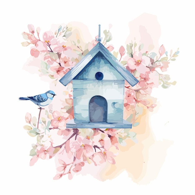 벡터 나무 가지 봄 수채화 그림에 나무 다채로운 birdhouse