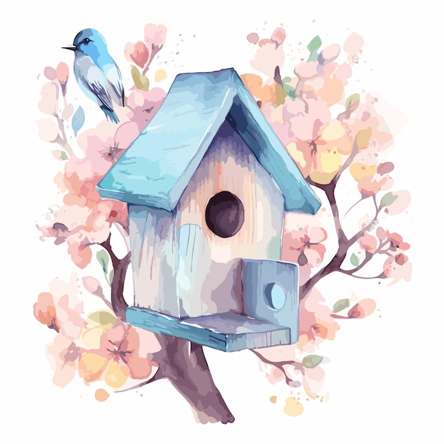 wooden colorful birdhouse on a tree branch spring watercolor illustration