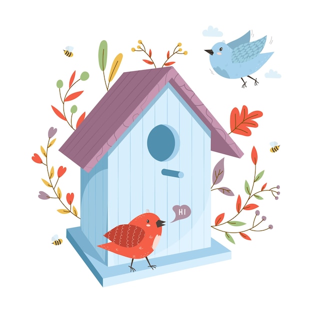 Vector wooden colorful birdhouse with small birds house for feathered animals