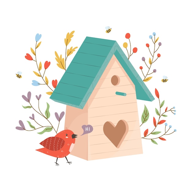 Vettore birdhouse in legno colorato con piccoli uccelli casa per animali piumati