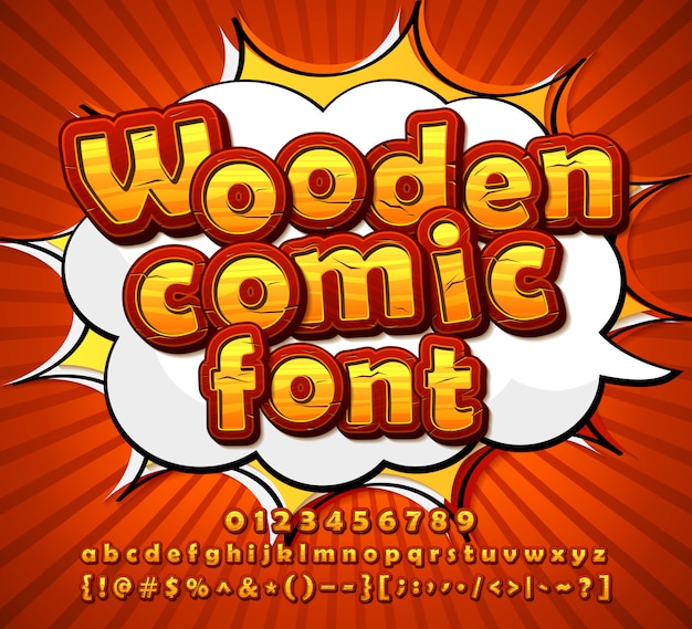 Wooden comic font, alphabet in pop art style