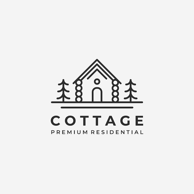 Illustrazione di disegno vettoriale minimalista di arte della linea del logo della cabina del cottage di legno