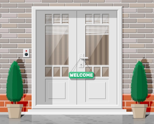 通りに窓とブラインドが付いている木製のコテージのドア。フロントドアにクロームハンドルとベルボタンが付いた閉じたドア。参加への招待または新しい機会の概念。フラットベクトル図