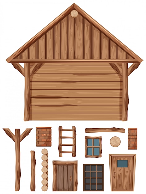 Wooden cottage and set of windows and doors