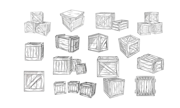 Vector wooden crates handdrawn collection