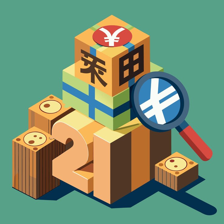 Vector wooden cube with number 2018 and magnifying glass on pile of japanese yen banknotes as financial sa