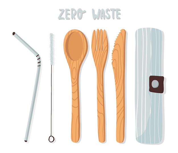 木製カトラリーセット、竹食器、スプーン、フォーク、ナイフ、再利用可能な金属製のストロー、ブラシ、綿のバッグ。廃棄物ゼロのコンセプト。