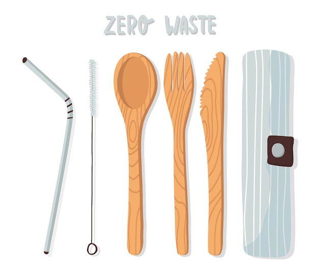 Wooden cutlery set, bamboo crockery, spoon, fork, knife, reusable metal drinking straw and brush in a cotton bag. Zero waste concept.