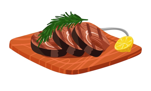 Деревянная доска для резки с кусочками жареного красного рыбного стейка с розмарином и лимонной рыбой на барбекю