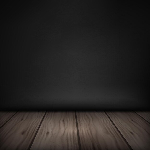 Vector wooden dark floor with black wall, vector background