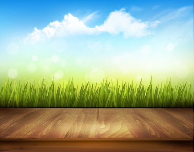 Vector wooden deck in front of green grass and blue sky background.