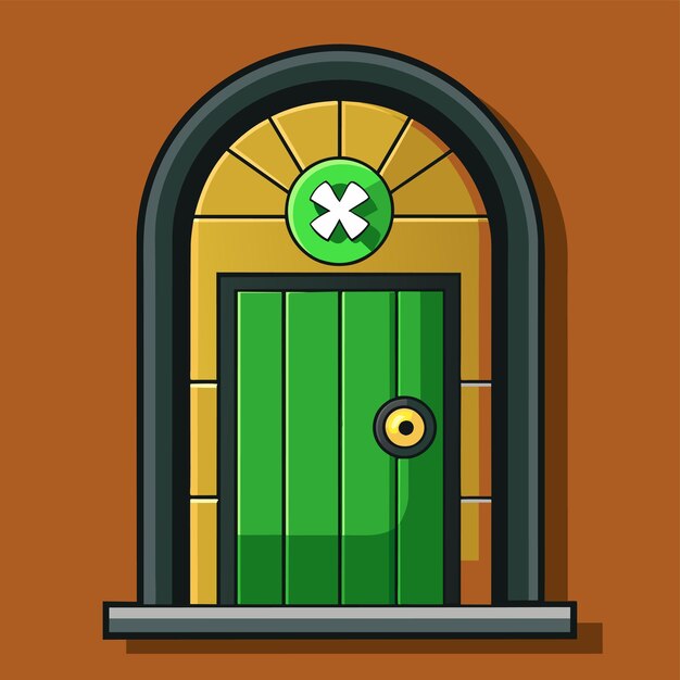 Wooden door doorframe doorknocker house entrance gates hand drawn flat stylish cartoon sticker