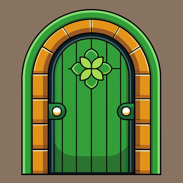木製のドアのドアフレーム ドアノッカー 家の入り口のゲート 手描きの平らなスタイリッシュな漫画のステッカー
