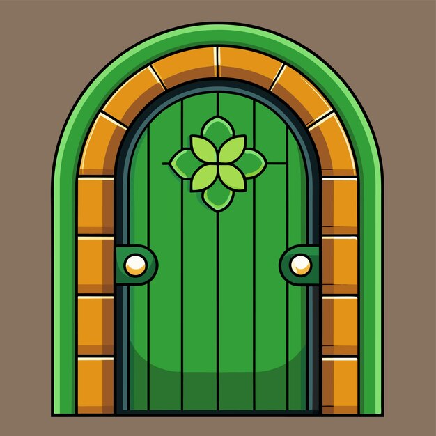 Wooden door doorframe doorknocker house entrance gates hand drawn flat stylish cartoon sticker