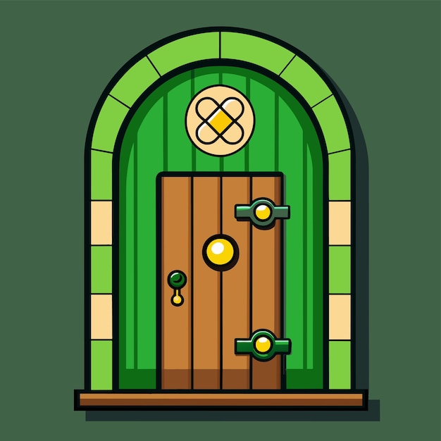 Wooden door doorframe doorknocker house entrance gates hand drawn flat stylish cartoon sticker