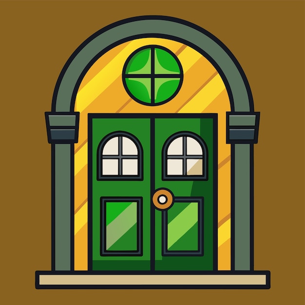 Vector wooden door doorframe doorknocker house entrance gates hand drawn flat stylish cartoon sticker