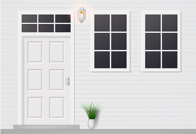 Wooden door of house front view with windows.