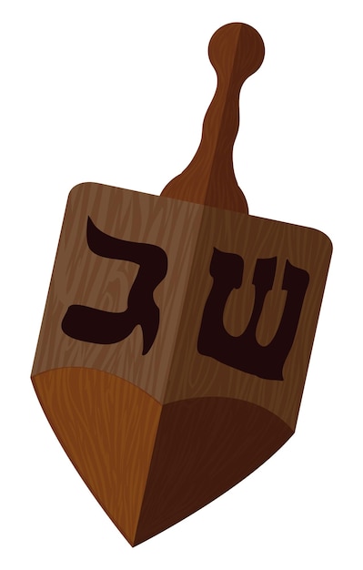 Wooden dreidel spinning top toy to play games during Hanukkah with Hebrew letters in flat style