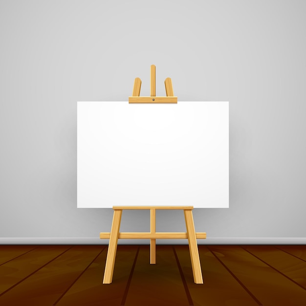 Vector wooden easel canvas board on gray wall.