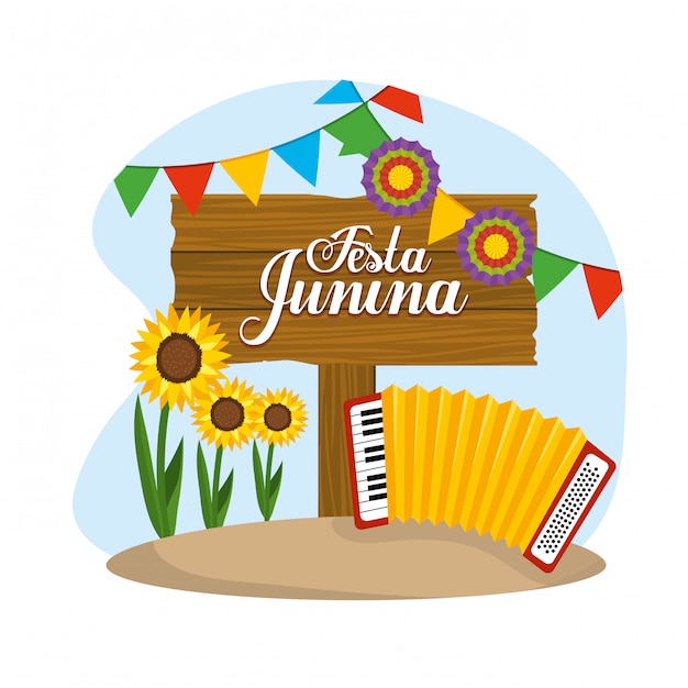 Wooden emblem with accordion and flowers to festival