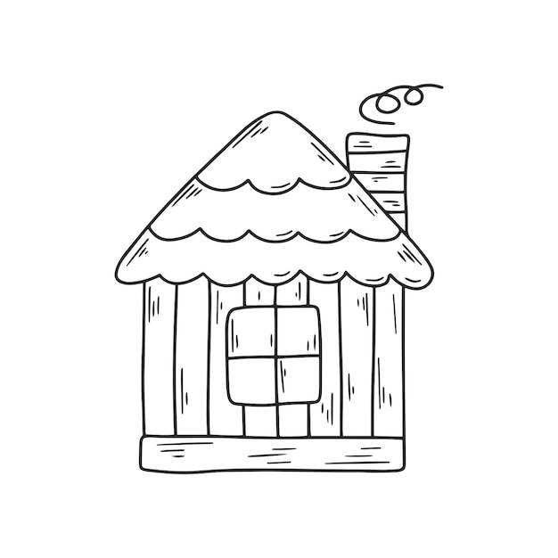 Деревянный сказочный дом с рисунком черной линии дымохода Простой черный эскиз изображения коттеджа