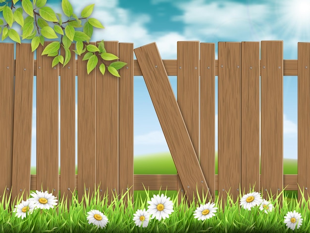 Wooden fence broken plank rural landscape background