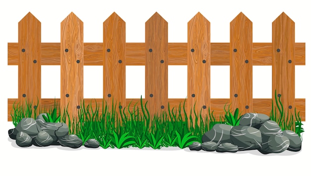 Wooden fence, stones and grass. garden fences isolated. vector