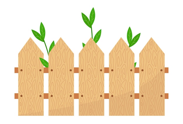 Wooden fence. Vector illustration of garden fence with plants. Wood texture.