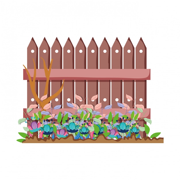 庭の花のシーンで木製フェンス