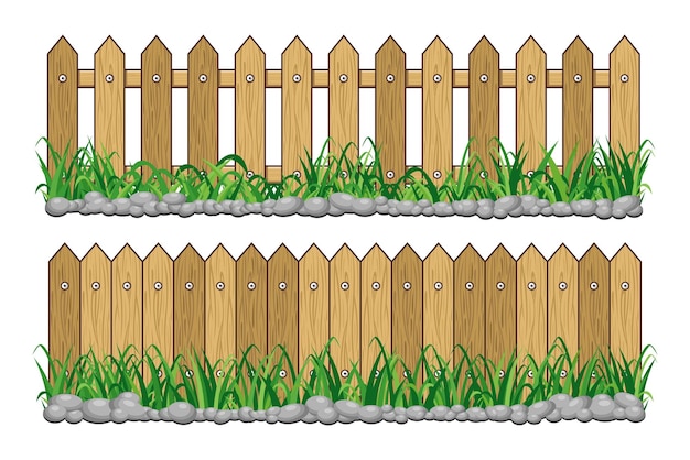 Wooden fence with grass and stones vector design collection