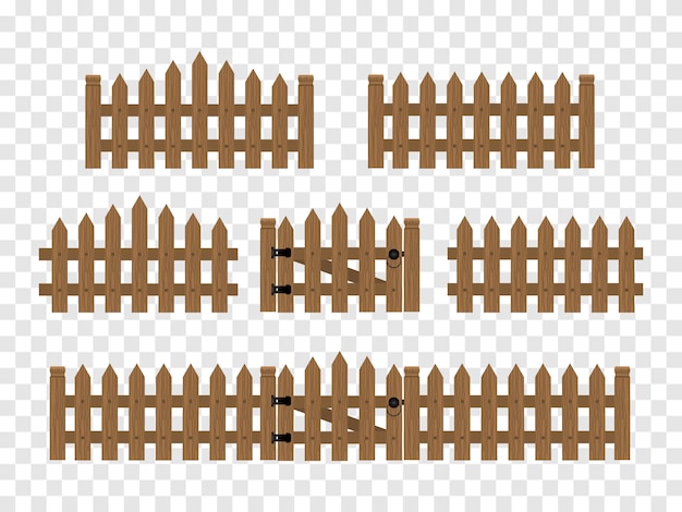 Vector wooden fences and gates isolated.