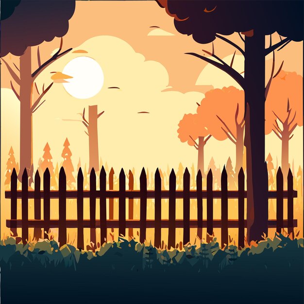 Wooden fences outdoor fantasy world landscape hand drawn flat stylish cartoon sticker icon