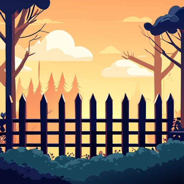 Wooden fences outdoor fantasy world landscape hand drawn flat stylish cartoon sticker icon